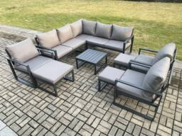 Fimous 11 Seater Outdoor Aluminium Garden Furniture Set Corner Lounge Sofa Set with Square Coffee Table Chair 3 Footstools Dark Grey - thumbnail 2