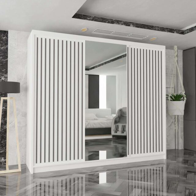 MN Furniture Reno 3 Sliding Door Wardrobe with Mirror & LED Light Oak 250x217cm in White - Size: 250x217 cm - image 1