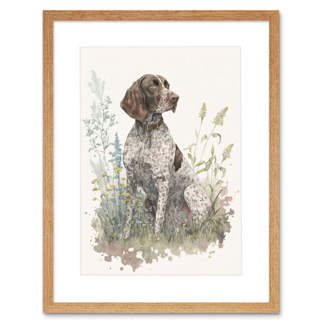 "Artery8 Wall Art Print German Pointer Dog Sitting in Field Modern Detailed Pastel Watercolour Artwork Framed 9X7 Inch in Beige - Size: W7"" x H9""" - image 1