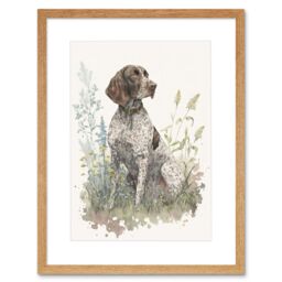 "Artery8 Wall Art Print German Pointer Dog Sitting in Field Modern Detailed Pastel Watercolour Artwork Framed 9X7 Inch in Beige - Size: W7"" x H9""" - thumbnail 1