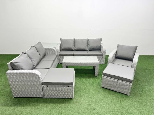 Fimous 9 Seater Poly Rattan Outdoor Garden Furniture Oblong Coffee Table Sofa Set Patio 3 Seater Sofa Reclining Chair 3 Seater Sofa 2 Big Footstools - image 1