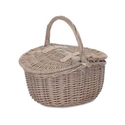 Red Hamper Wicker Small Antique Wash Double Lidded Oval Picnic Basket in Brown - thumbnail 1