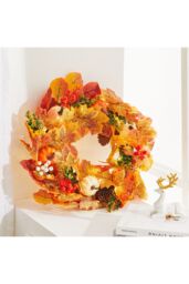 Living and Home 45cm Pre-Lit Autumn Wreath with White White Pumpkin, Ginkgo & Maple Leaves in Orange - thumbnail 1