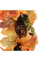 Living and Home 45cm Pre-Lit Autumn Wreath with White White Pumpkin, Ginkgo & Maple Leaves in Orange - thumbnail 4