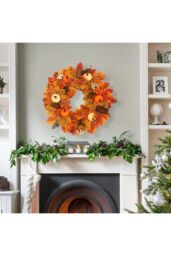 Living and Home 45cm Pre-Lit Autumn Wreath with White White Pumpkin, Ginkgo & Maple Leaves in Orange - thumbnail 2
