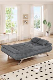 H&O Direct 2-Seater Linen Convertible Sofa Bed with Pillows in Grey - thumbnail 2