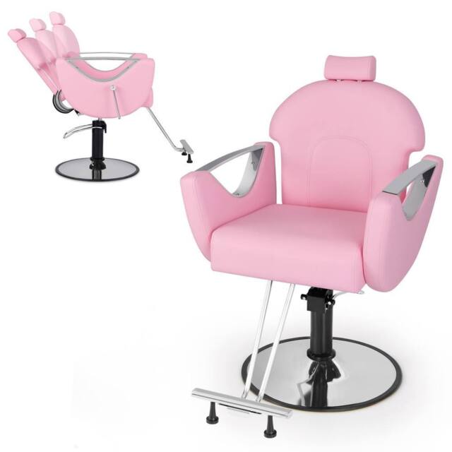 Gymax Reclining Salon Chair Barber Chair 360°Swivel Hair Styling Chair-Pink in Pink - image 1