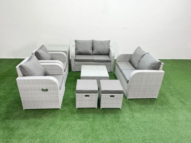 Fimous 8 Seater Outdoor Reclining Chair Love Sofa Set Rattan Garden Furniture Set with Square Coffee Table 2 Stools Side Table Light Grey - image 1