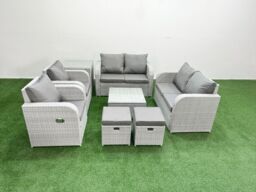 Fimous 8 Seater Outdoor Reclining Chair Love Sofa Set Rattan Garden Furniture Set with Square Coffee Table 2 Stools Side Table Light Grey - thumbnail 2