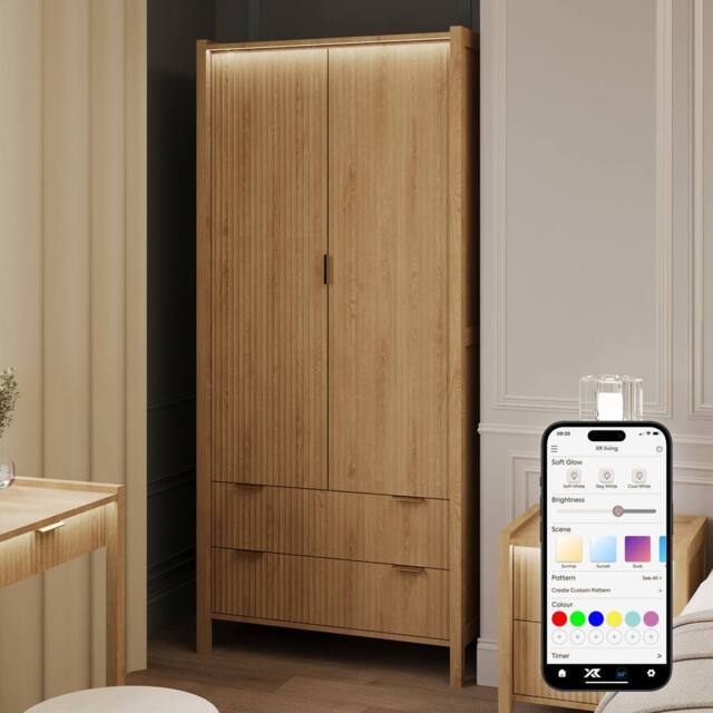 X Rocker XR Living Dak ota Two Door Wardrobe with Two Drawers & Lights - Oak in Light Oak - image 1