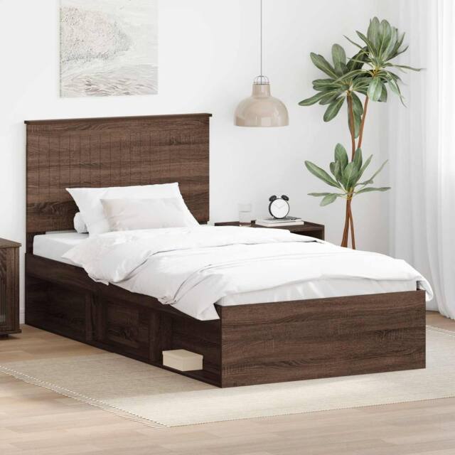 Berkfield Home Bed Frame with Headboard Brown Oak 100 x 200 cm Solid Pine Wood - image 1