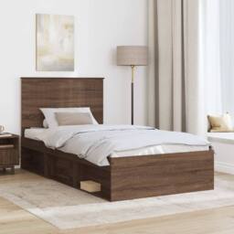 Berkfield Home Bed Frame with Headboard Brown Oak 100 x 200 cm Solid Pine Wood - thumbnail 3
