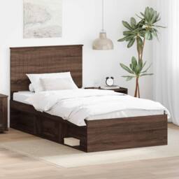 Berkfield Home Bed Frame with Headboard Brown Oak 100 x 200 cm Solid Pine Wood - thumbnail 1