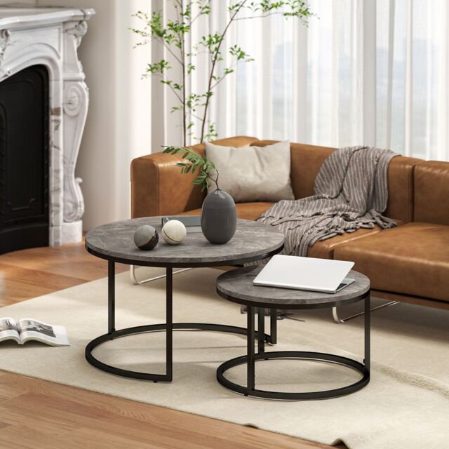 HOMCOM 2 Pcs Stacking Coffee Table Set Steel Frame Marble-Effect Top Foot Pads in Dark Grey - image 1