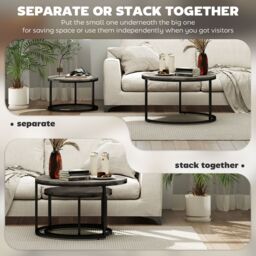 HOMCOM 2 Pcs Stacking Coffee Table Set Steel Frame Marble-Effect Top Foot Pads in Dark Grey - thumbnail 6