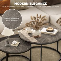 HOMCOM 2 Pcs Stacking Coffee Table Set Steel Frame Marble-Effect Top Foot Pads in Dark Grey - thumbnail 4