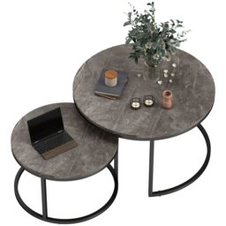 HOMCOM 2 Pcs Stacking Coffee Table Set Steel Frame Marble-Effect Top Foot Pads in Dark Grey - thumbnail 2