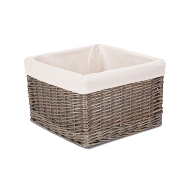 Red Hamper Wicker Square Antique Wash Lined Storage Basket in White - Size: Medium - image 1