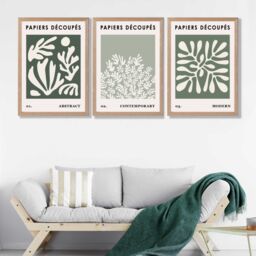 ARTZE Matisse Floral Set of 3 in Green & Sage Wall Art Prints with Oak Frame. Size: A2 in Bottle Green - Size: A4 - thumbnail 1