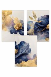 ARTZE Set of 3 Abstract Flowers in Purple & Gold Art Posters - Size: W50 cm x H70 cm
