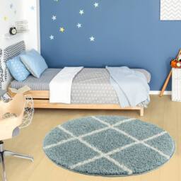 THE RUGS Moroccan Soft High Pile Shaggy Diamond Rugs & Runners Living Room in Duck Egg Blue - Size: 120 cm diameter - thumbnail 5