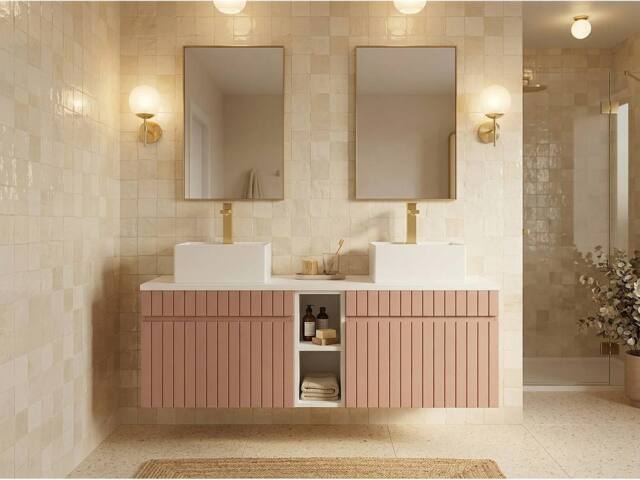 Vente-unique Striped Floating Bathroom Vanity Unit With Niches & Double Square in Pink - image 1