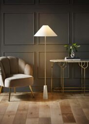 ValueLights Margot White Marble Base Floor Lamp With Tapered Linen Lampshade