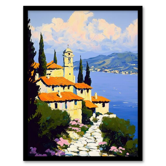 Artery8 Christian Church Coastal Cliff Italy Landscape Framed Art Print in Blue - Size: A4 - image 1