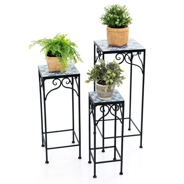 Costway 3Pcs Metal Plant Stand Painted Flowerpot Display Rack Nesting Planter Pot Holder in Blue