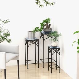 Costway 3Pcs Metal Plant Stand Painted Flowerpot Display Rack Nesting Planter Pot Holder in Blue - thumbnail 2