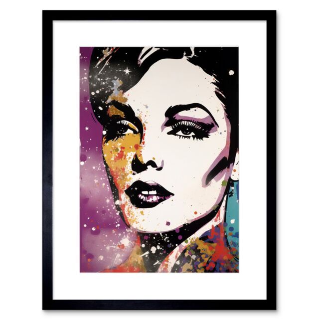 "Artery8 Wall Art Print Female Glam Rock Glitter Sparkle Purple Gold Blue Red Linocut Portrait Teen Room Artwork Framed 9X7 Inch - Size: W7"" x H9""" - image 1