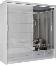 MN Furniture High Gloss Sliding Mirrored Wardrobe with LED Light - 203x220cm in White - Size: 203x220 cm - thumbnail 2