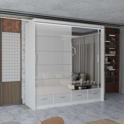MN Furniture High Gloss Sliding Mirrored Wardrobe with LED Light - 203x220cm in White - Size: 203x220 cm