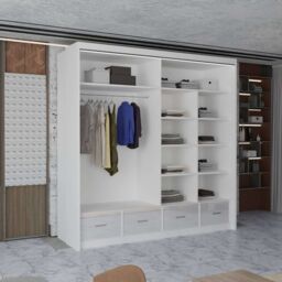 MN Furniture High Gloss Sliding Mirrored Wardrobe with LED Light - 203x220cm in White - Size: 203x220 cm - thumbnail 3