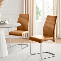 FurnitureboxUK Lorenzo 2x Tan Faux Leather Silver Leg Dining Chair