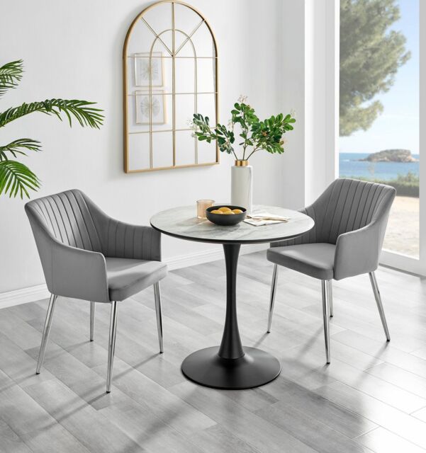 FurnitureboxUK Elina White Marble Effect Scratch Resistant Dining Table & 2 Calla Velvet Silver Leg Chairs in Grey - image 1