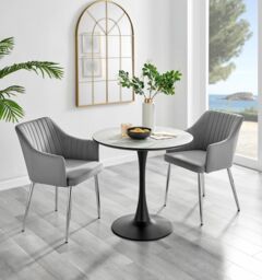 FurnitureboxUK Elina White Marble Effect Scratch Resistant Dining Table & 2 Calla Velvet Silver Leg Chairs in Grey