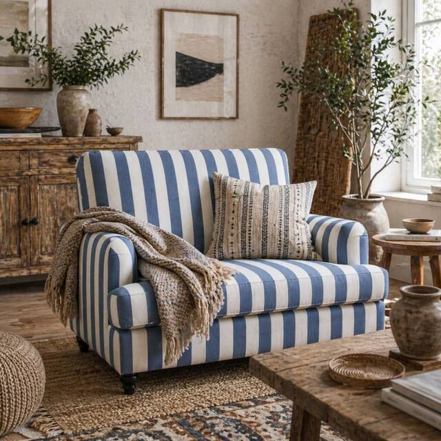 Wyld Haus Yosefi Blue & White Velvet Feel Cuddle Chair Stripe Design - image 1
