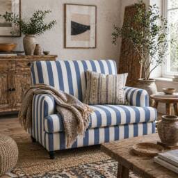 Wyld Haus Yosefi Blue & White Velvet Feel Cuddle Chair Stripe Design