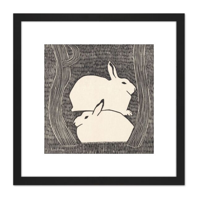 Artery8 Samuel Jessurun De Mesquita Two Snow Hare 8X8 Inch Square Wooden Framed Wall Art Print Picture with Mount in Black - image 1