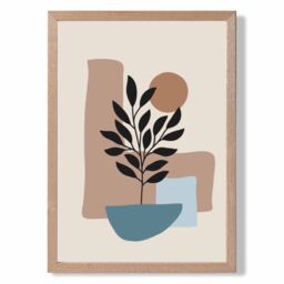 ARTZE Brown, Beige & Blue Boho Graphical Floral Framed Print SIZE: A4 with Oak Frame in Brown - Size: A3