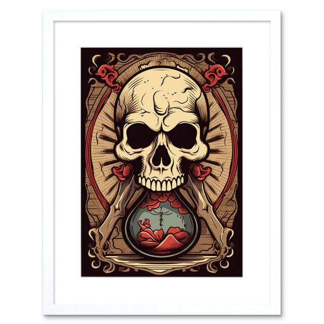 "Artery8 Wall Art Print Hourglass Skull Old School USA Tattoo Ink Body Rockabilly Americana 50s Artwork Framed 9X7 Inch in White - Size: W7"" x H9""" - image 1