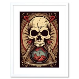 "Artery8 Wall Art Print Hourglass Skull Old School USA Tattoo Ink Body Rockabilly Americana 50s Artwork Framed 9X7 Inch in White - Size: W7"" x H9""" - thumbnail 1