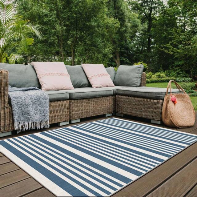 THE RUGS Reversible Outdoor Indoor Rugs in Modern Stripes Duo Weave Collection in Blue - Size: 120 cm x 170 cm - image 1