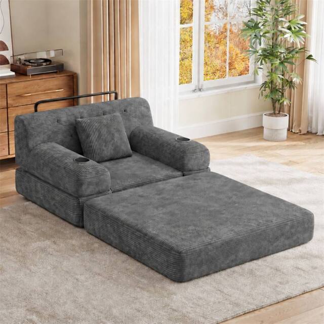 Direct Wicker 1-Seater Corduroy Sleeper Sofa with Cup Holders & Side Pockets in Dark Grey - Size: 1 Seater - image 1