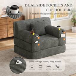Direct Wicker 1-Seater Corduroy Sleeper Sofa with Cup Holders & Side Pockets in Dark Grey - Size: 1 Seater - thumbnail 3