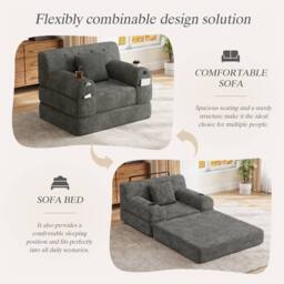 Direct Wicker 1-Seater Corduroy Sleeper Sofa with Cup Holders & Side Pockets in Dark Grey - Size: 1 Seater - thumbnail 4