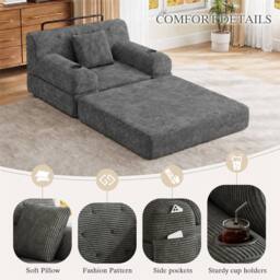 Direct Wicker 1-Seater Corduroy Sleeper Sofa with Cup Holders & Side Pockets in Dark Grey - Size: 1 Seater - thumbnail 2