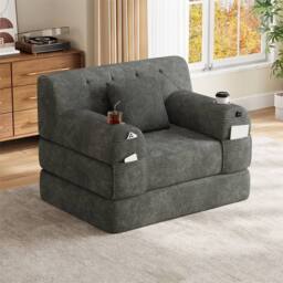 Direct Wicker 1-Seater Corduroy Sleeper Sofa with Cup Holders & Side Pockets in Dark Grey - Size: 1 Seater - thumbnail 8