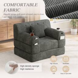 Direct Wicker 1-Seater Corduroy Sleeper Sofa with Cup Holders & Side Pockets in Dark Grey - Size: 1 Seater - thumbnail 6